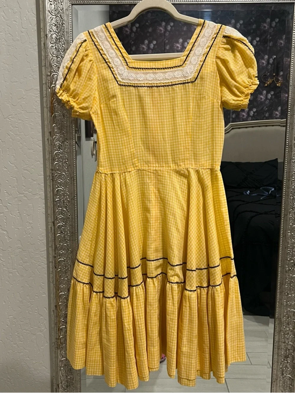 Yellow Gingham Asymmetrical Western vintage Dress with Lace Trim (Item #56) - Picture 3 of 12